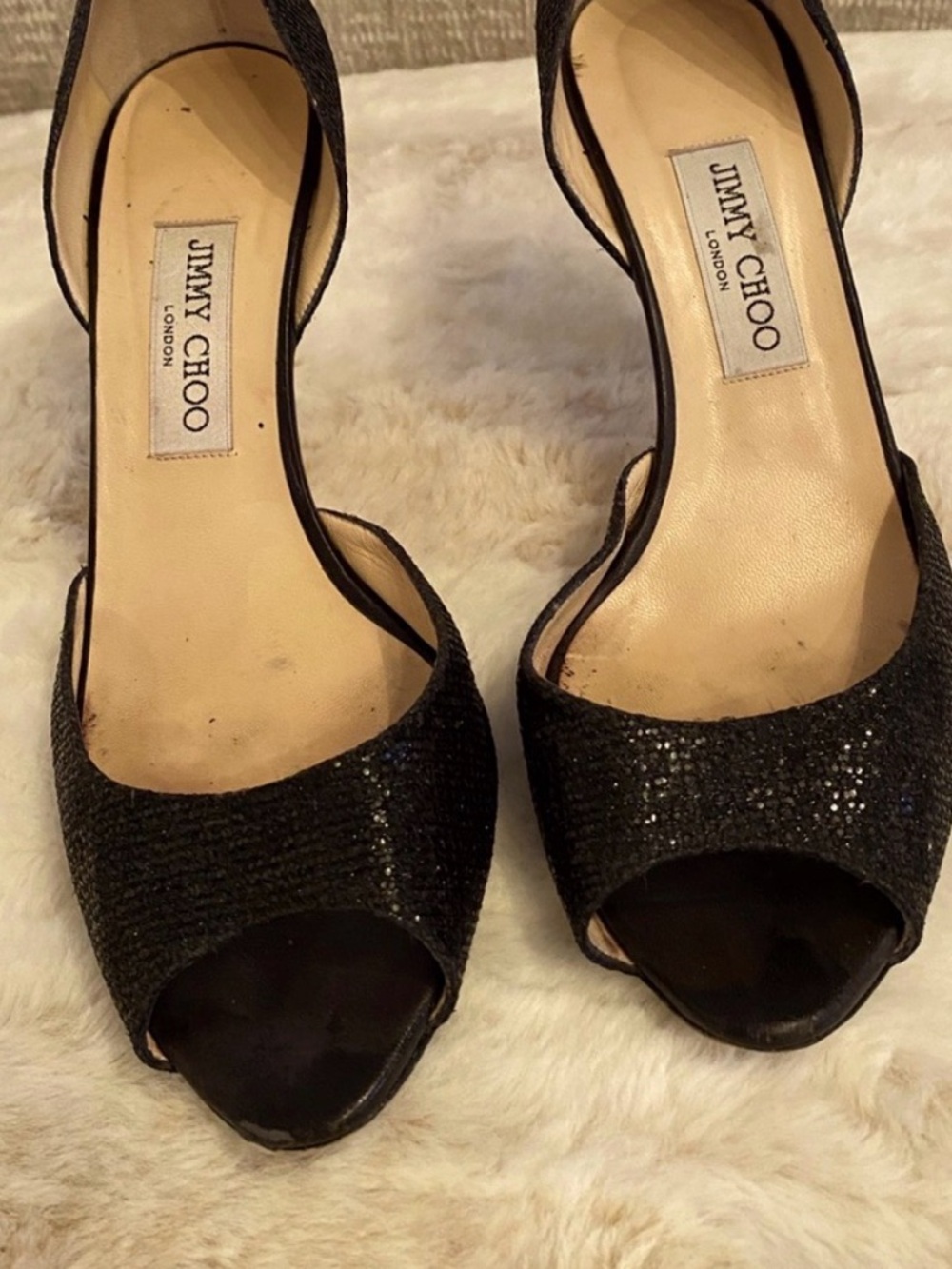 Jimmy Choo Isabel Black Glitter Peep-Toe Slingback heels sz 39 1/2
